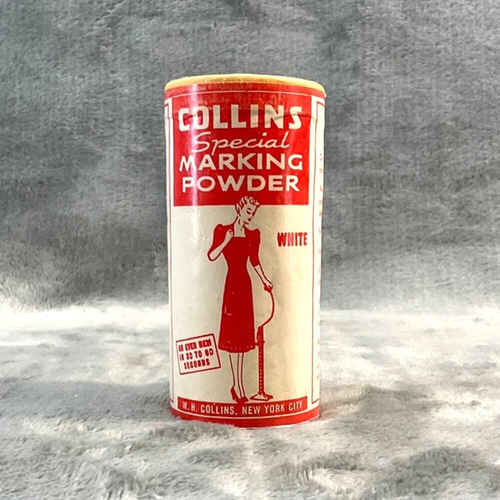 Vintage 1950s Collins Special Marking Powder NOS Sealed 4oz White Skirt Hem